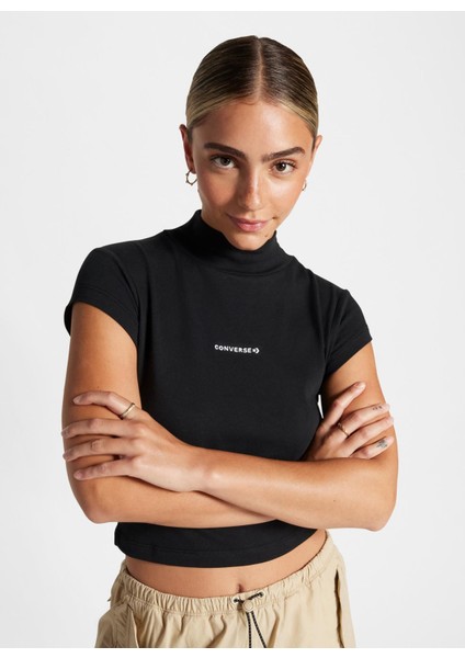 Siyah Kadın Yuvarlak Yaka Slim Fit T-Shirt 10026789.001 Wordmark Fashıon Top B