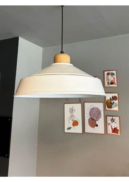 Beyaz Tekli Avize Ahşap Başlık Retro Sarkıt Lamba Restoran Salon Aydınlatma