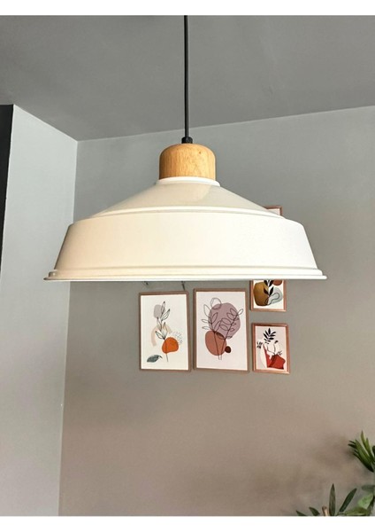 Beyaz Tekli Avize Ahşap Başlık Retro Sarkıt Lamba Restoran Salon Aydınlatma