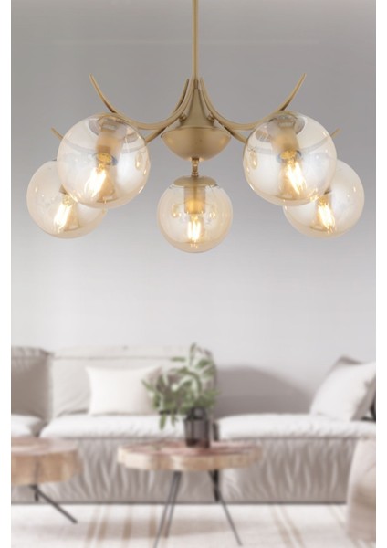 Germaine 5'li Yuvarlak Eskitme Bal Camlı Modern Oturma Odası Salon Avize