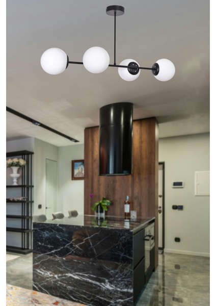 Roma Modern Tasarım Salon Mutfak Yatak Yemek Odası Siyah Renk Beyaz Camlı 4 Lü Avize