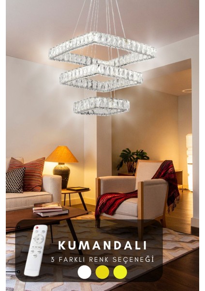 Taş 3 Katlı Modern Sarkıt Kristal Taşlı LED Avize - 3 Renk Kumandalı - ( Beyaz - Sarı - Gün Işığı )
