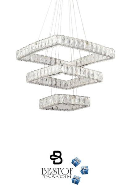Taş 3 Katlı Modern Sarkıt Kristal Taşlı LED Avize - 3 Renk Kumandalı - ( Beyaz - Sarı - Gün Işığı ) modelleri