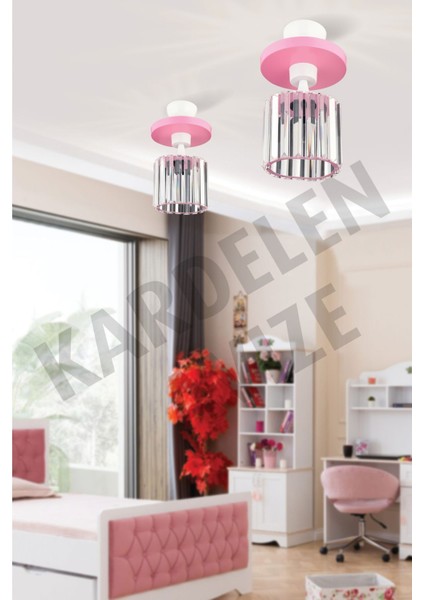 Pembe Tekli Tepsi Kristal Taşlı Aşağı Bakan Lüks Avize