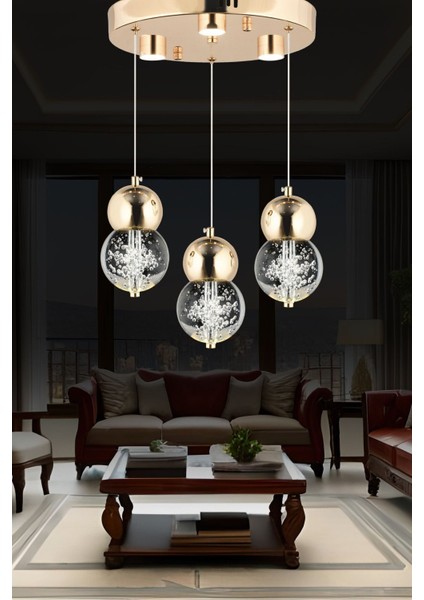 Sasha 3'lü Yuvarlak 3 Renkli 48 Watt Gold Kristal Ledli Modern Oturma Odası Salon Sarkıt Avize
