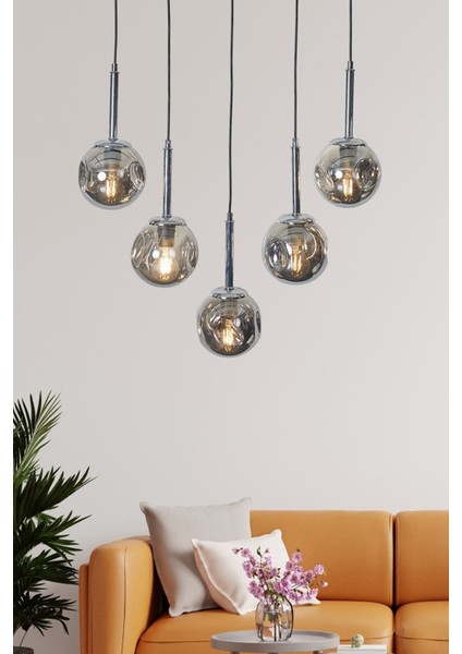 Liza 5 Li Krom-Siyah Metal Gövde Füme Camlı Tasarım Lü x Sarkıt Avize