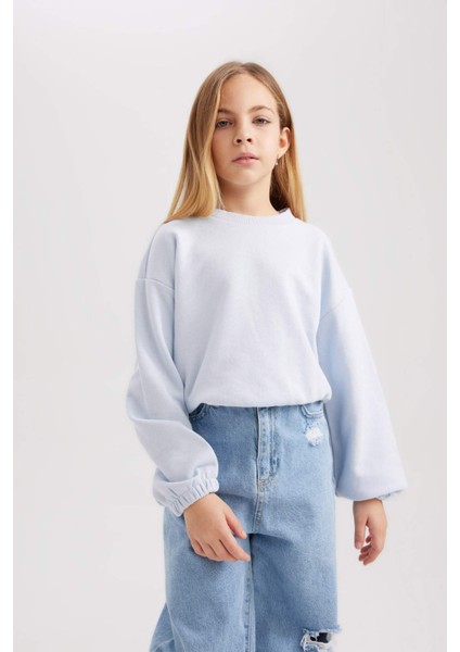 Kız Çocuk Mavi Regular Fit Düz Kesim Bisiklet Yaka Basic Düz Pamuklu Sweatshirt B7788A8NS
