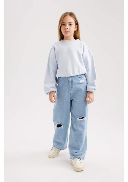Kız Çocuk Mavi Regular Fit Düz Kesim Bisiklet Yaka Basic Düz Pamuklu Sweatshirt B7788A8NS fiyatları