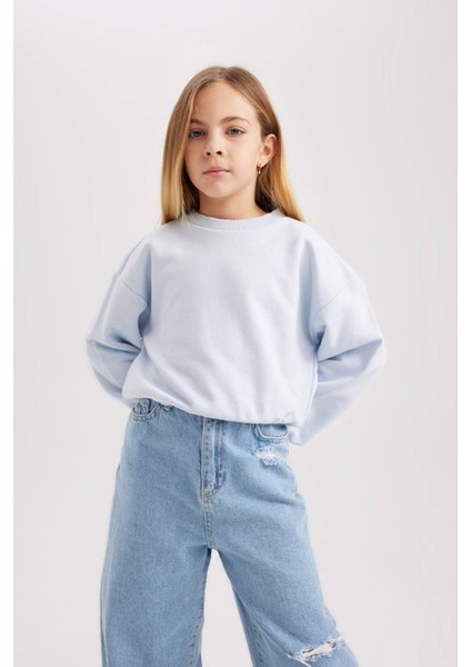 Kız Çocuk Mavi Regular Fit Düz Kesim Bisiklet Yaka Basic Düz Pamuklu Sweatshirt B7788A8NS modelleri