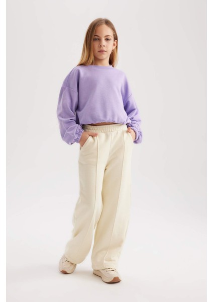 Kız Çocuk Mor Regular Fit Düz Kesim Bisiklet Yaka Basic Düz Pamuklu Sweatshirt B7788A8NS