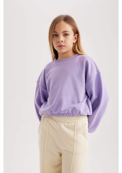 Kız Çocuk Mor Regular Fit Düz Kesim Bisiklet Yaka Basic Düz Pamuklu Sweatshirt B7788A8NS