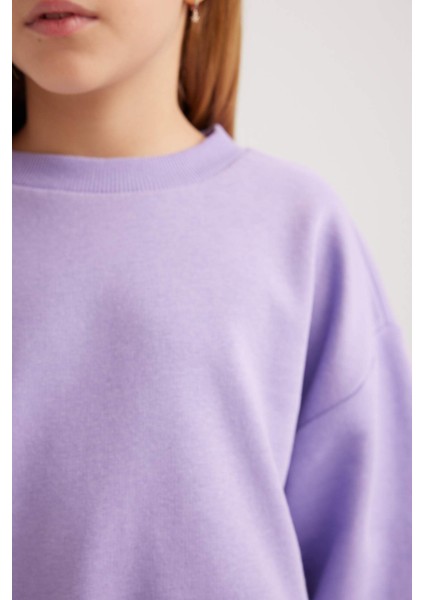 Kız Çocuk Mor Regular Fit Düz Kesim Bisiklet Yaka Basic Düz Pamuklu Sweatshirt B7788A8NS