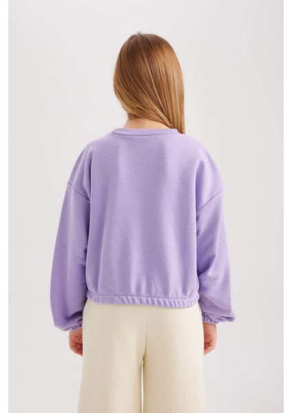 Kız Çocuk Mor Regular Fit Düz Kesim Bisiklet Yaka Basic Düz Pamuklu Sweatshirt B7788A8NS