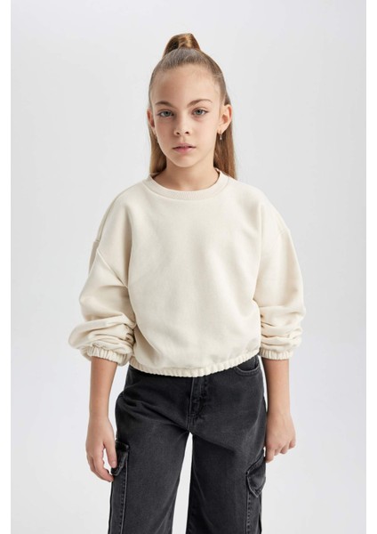 Kız Çocuk Ekru Regular Fit Düz Kesim Bisiklet Yaka Basic Düz Pamuklu Sweatshirt B7788A8NS