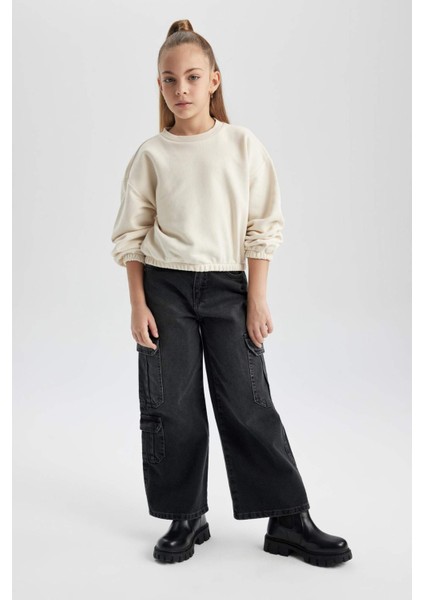 Kız Çocuk Ekru Regular Fit Düz Kesim Bisiklet Yaka Basic Düz Pamuklu Sweatshirt B7788A8NS