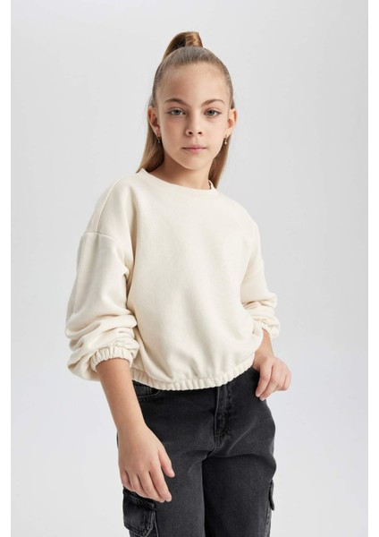 Kız Çocuk Ekru Regular Fit Düz Kesim Bisiklet Yaka Basic Düz Pamuklu Sweatshirt B7788A8NS