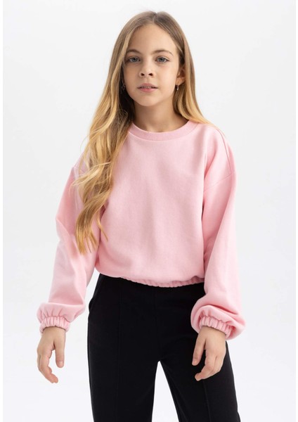 Kız Çocuk Pembe Regular Fit Düz Kesim Bisiklet Yaka Basic Düz Pamuklu Sweatshirt B7788A8NS