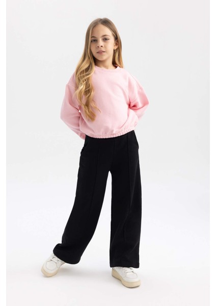 Kız Çocuk Pembe Regular Fit Düz Kesim Bisiklet Yaka Basic Düz Pamuklu Sweatshirt B7788A8NS