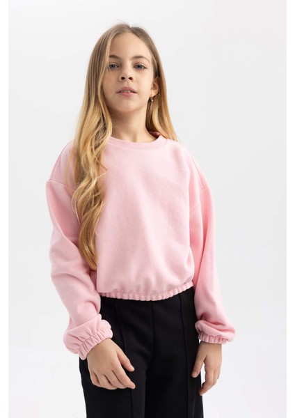 Kız Çocuk Pembe Regular Fit Düz Kesim Bisiklet Yaka Basic Düz Pamuklu Sweatshirt B7788A8NS