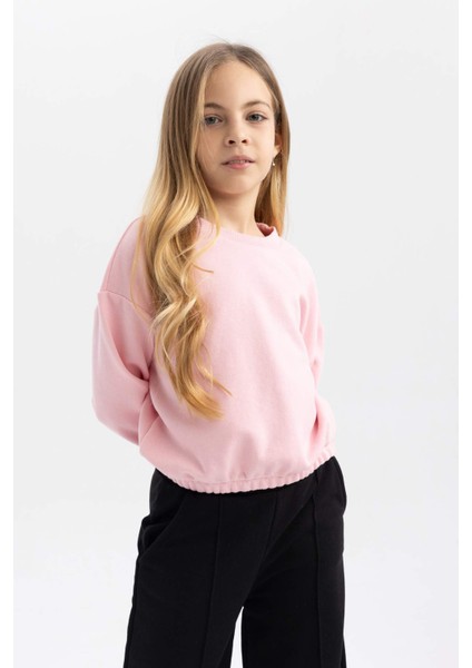Kız Çocuk Pembe Regular Fit Düz Kesim Bisiklet Yaka Basic Düz Pamuklu Sweatshirt B7788A8NS