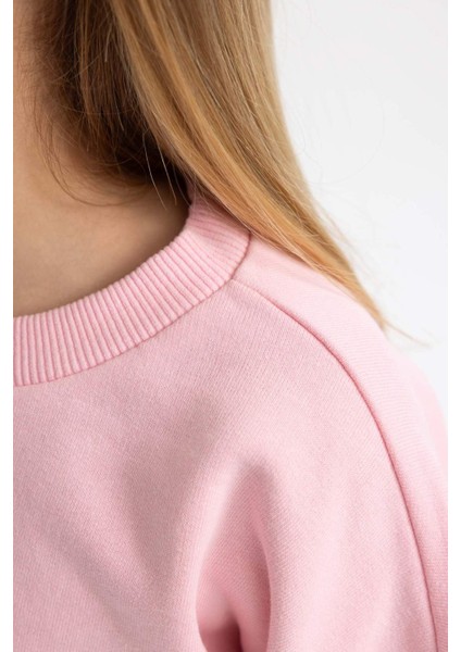 Kız Çocuk Pembe Regular Fit Düz Kesim Bisiklet Yaka Basic Düz Pamuklu Sweatshirt B7788A8NS