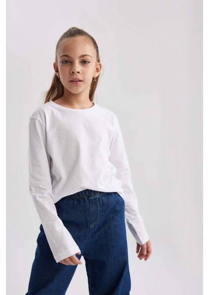 Kız Çocuk Beyaz Regular Fit Düz Kesim Bisiklet Yaka Basic Düz %100 Pamuk Uzun Kollu Tişört B7785A8NS modelleri