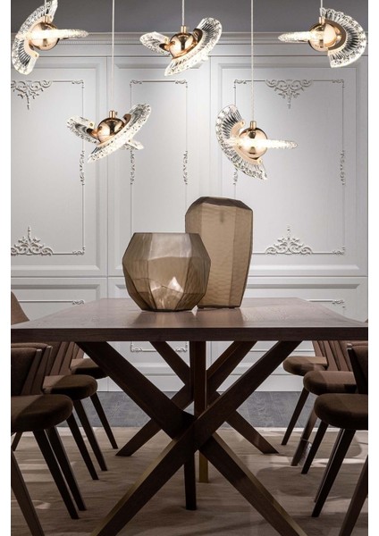 Lu x ury Modern Crystal Sarkıt LED Avize Beşli Sıralı Yemek Masası Gold Sarı