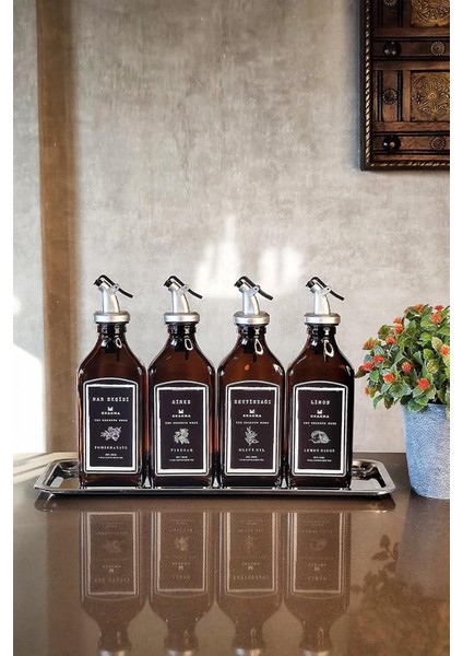 Stantlı Amber 4'lü 250 ml Zeytinyağı Nar Ekşisi Limon Sirke Şişesi Yağdanlık Yağlık Seti Syah
