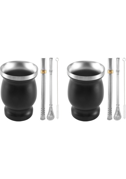 2x Çift Duvar Paslanmaz Yerba Mate Çay Bardağı Seti Su Bardağı 2 Bombillas Pipet Kaşık ve Temiz Fırça 8 Oz Siyah (Yurt Dışından)
