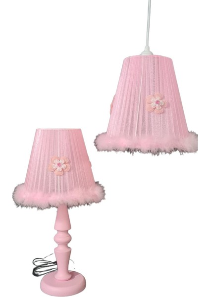 Pembe Ahşap Ayaklı Kız Çocuk Bebek Odası Avize Abajur Seti