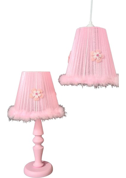 Pembe Ahşap Ayaklı Kız Çocuk Bebek Odası Avize Abajur Seti