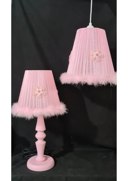Pembe Ahşap Ayaklı Kız Çocuk Bebek Odası Avize Abajur Seti