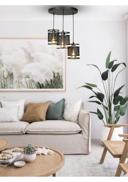 3 Lü Tepsi Siyah Modern Gold Sarkıt Avize-Salon Avizesi-Genç Odası-Mutfak-Giriş-Endüstriel
