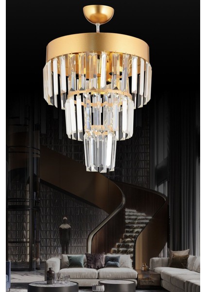 Roma 4'lü Katlı Gold Kristal Taşlı 30'luk Modern Avize