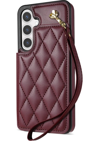 Samsung Galaxy A15 Kart Yuvaları Bilek Kayışlı Eşkenar Dörtgen Deri + Tpu Telefon Kılıfı (Yurt Dışından)
