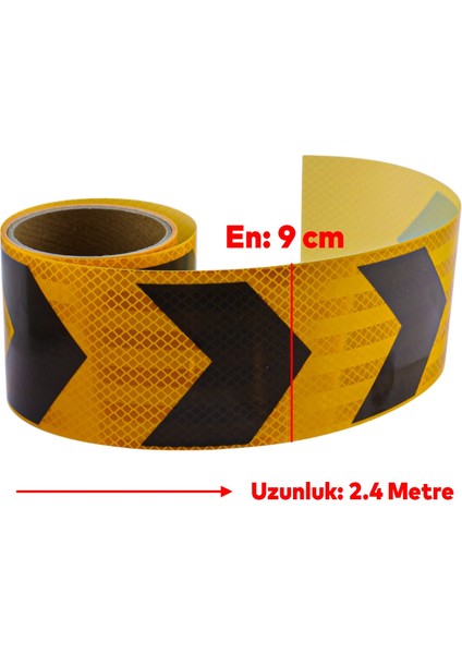 Yapışkanlı Sarı Siyah Işaretli Yönlendirme Reflektörlü Reflektif Şerit Bant 9 cm Ikaz Bandı 2.4 mt