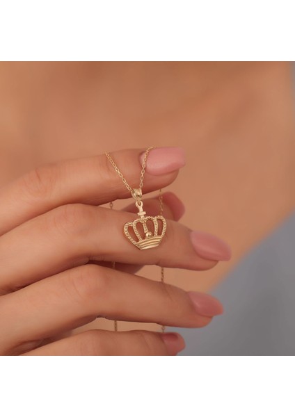 925 Ayar Altın Mikron Kaplama Kral-Kraliçe Tacı Kolye - CN00417