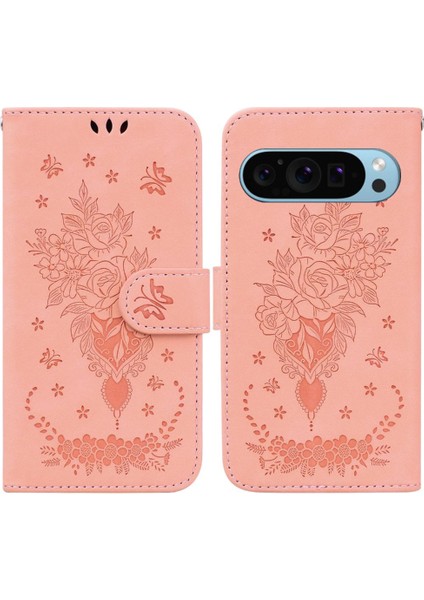 Google Piksel 9 Kickstand Flip Pu Deri Kapak Kabartma Gül Kartı Için Kılıf (Yurt Dışından)