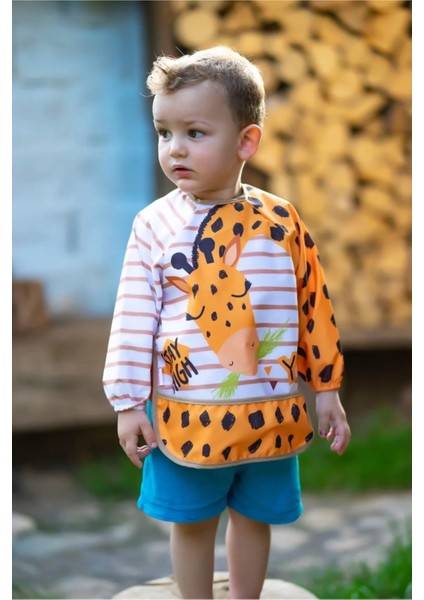 Zürafa Desenli Uzun Kollu Unisex Bebek Mama Önlüğü 0-2 Yaş