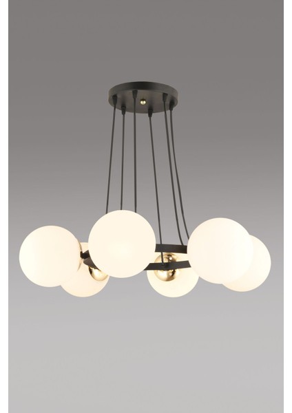 Sonsuz Siyah 6 Lı Halka Beyaz Glop Camlı Modern Avize