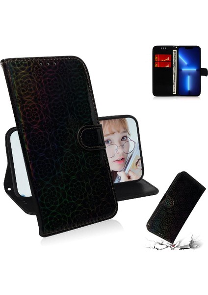 Apple iPhone 15 Için Kılıf Pro Standı Tutucu Kart Yuvası Glitter Renkli Cüzdan Pu (Yurt Dışından)