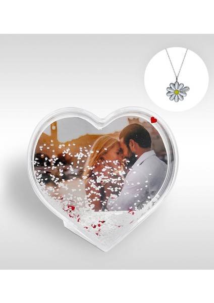 Kişiye Özel Fotoğraflı Kalp Kar Küresi ve Isimli Silver Papatya Kolye-1