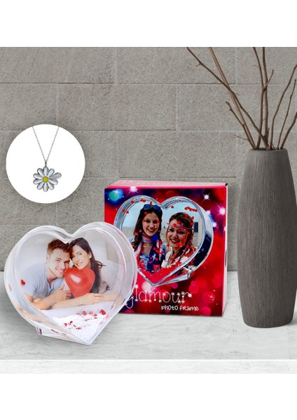 Kişiye Özel Fotoğraflı Kalp Kar Küresi ve Isimli Silver Papatya Kolye-1 fiyatları