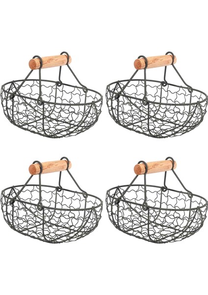 4x Ahşap Saplı Metal Retro Sepet Taşınabilir Çok Fonksiyonlu Sebze Meyve Yumurta Bakkal Pratik Depolama Sepeti Siyah (Yurt Dışından)
