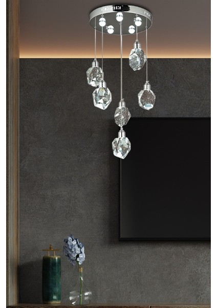 A Lu x ury Modern Kristalize Cam Sarkıt Altılı Power LED Avize Krom Gün Işığı Ledli Avize