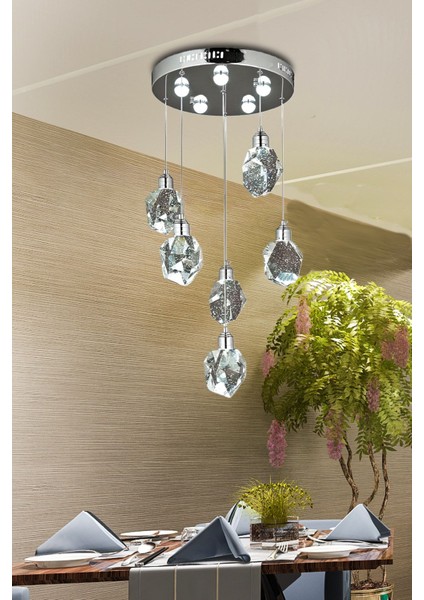 A Lu x ury Modern Kristalize Cam Sarkıt Altılı Power LED Avize Krom Gün Işığı Ledli Avize