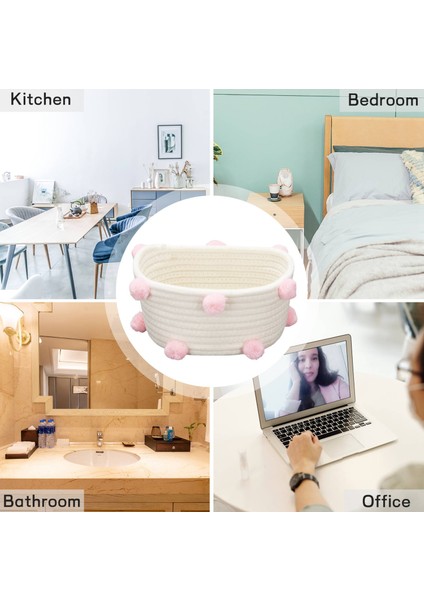 Pamuk Dokuma Depolama Sepeti Sevimli Ponpon Dekor Çeşitli Eşyalar Bitirme Kutusu Iskandinav Kozmetik Oyuncaklar Organizatör Çerçeve Pembe S, (Yurt Dışından) modelleri