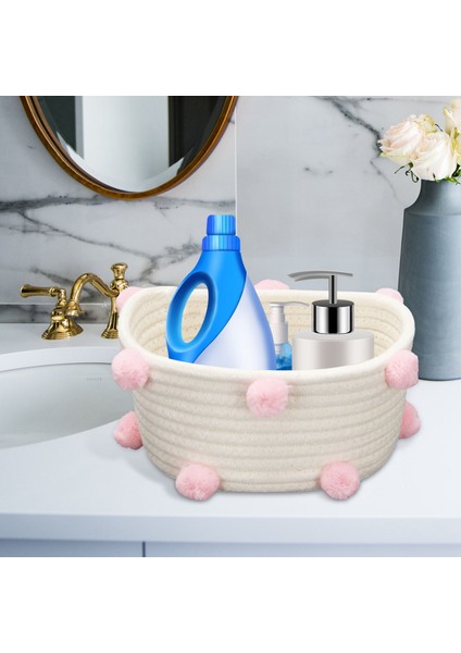 Pamuk Dokuma Depolama Sepeti Sevimli Ponpon Dekor Çeşitli Eşyalar Bitirme Kutusu Iskandinav Kozmetik Oyuncaklar Organizatör Çerçeve Pembe S, (Yurt Dışından) fırsatları