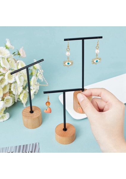 3 Adet T Bar Küpe Ekran Standı Ahşap Taban ile Takı Tutucular Asılı Takı Organizatör Fotoğraf Sahne Için A (Yurt Dışından) fiyatları