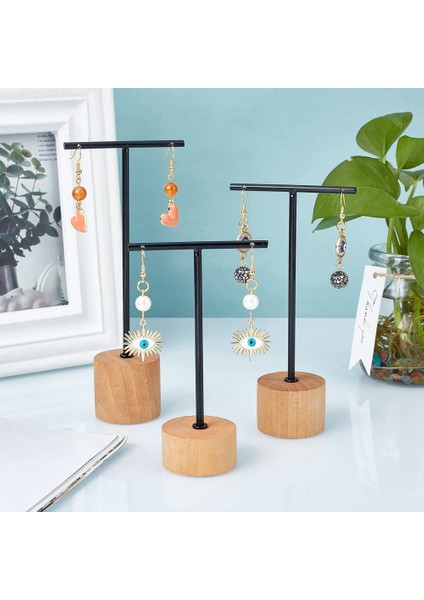 3 Adet T Bar Küpe Ekran Standı Ahşap Taban ile Takı Tutucular Asılı Takı Organizatör Fotoğraf Sahne Için A (Yurt Dışından) fırsatları